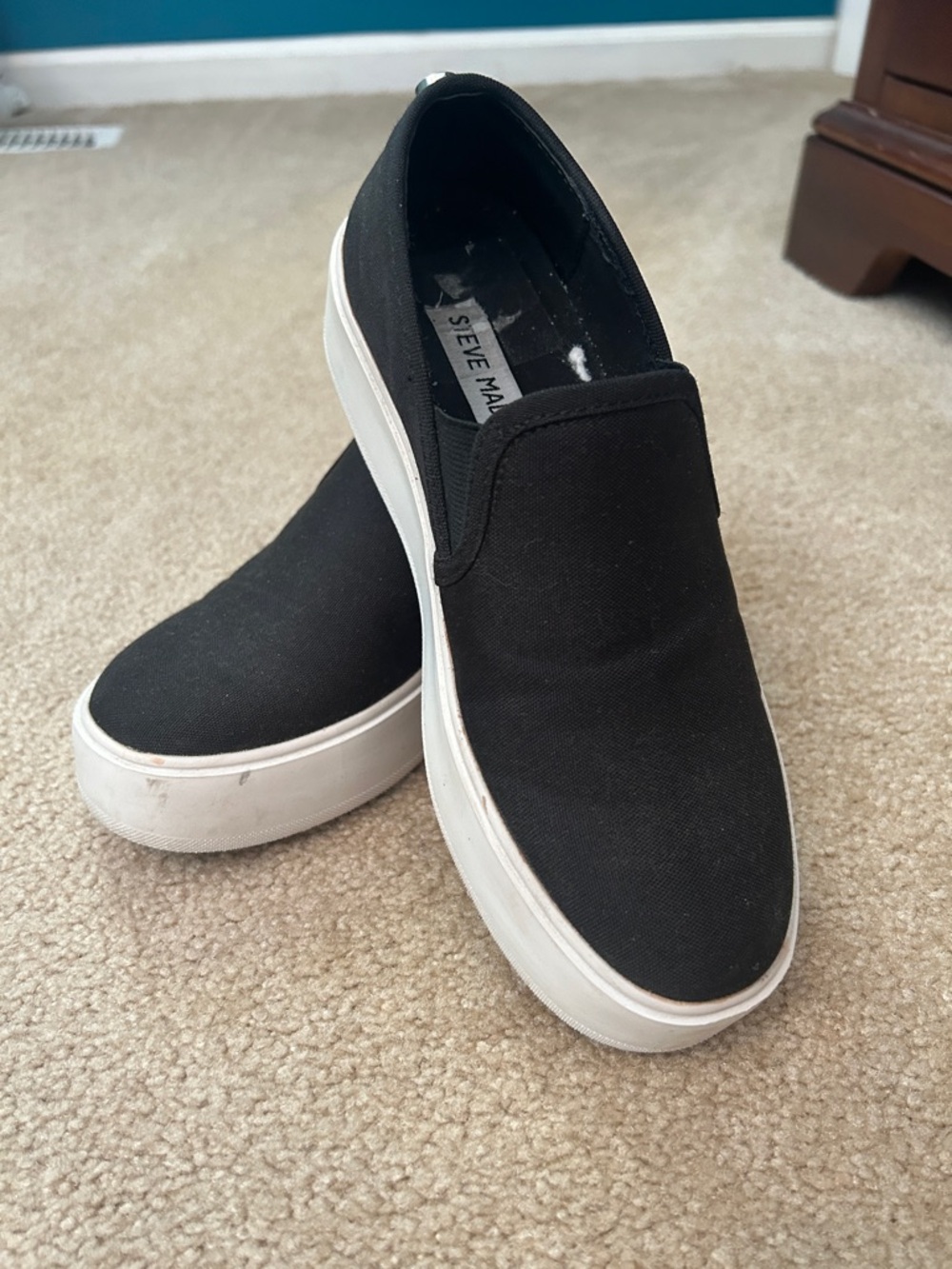 Steve Madden Black Canvas Slip-On Sneakers with White Sole